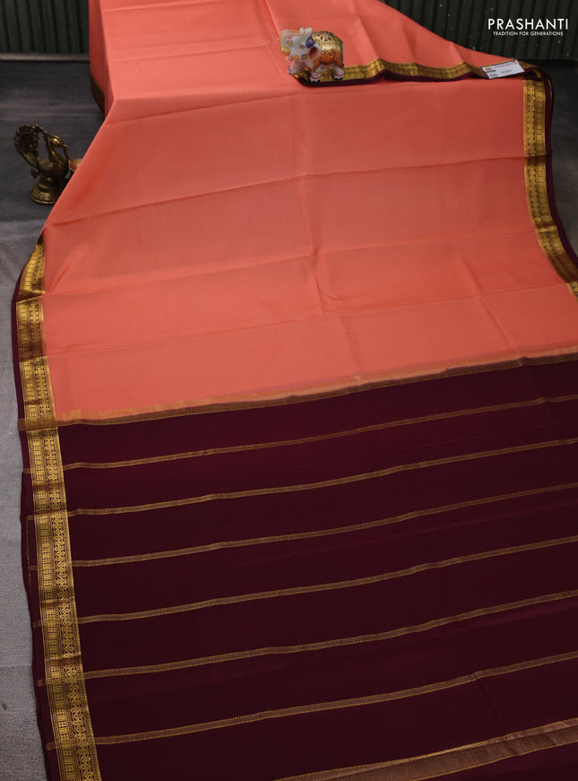 Pure mysore silk saree peach orange and deep wine shade with plain body and zari woven border