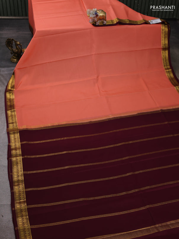 Pure mysore silk saree peach orange and deep wine shade with plain body and zari woven border