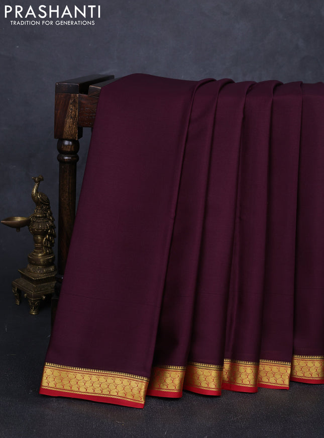 Pure mysore silk saree deep wine shade and maroon with plain body and zari woven border