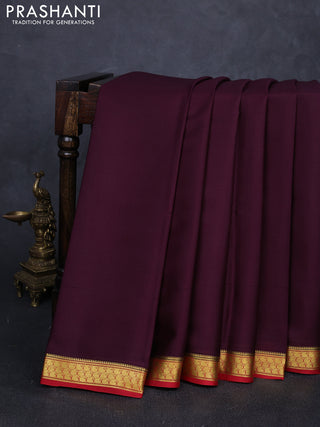 Pure mysore silk saree deep wine shade and maroon with plain body and zari woven border