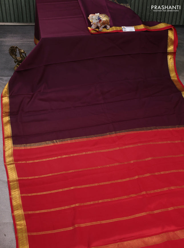 Pure mysore silk saree deep wine shade and maroon with plain body and zari woven border
