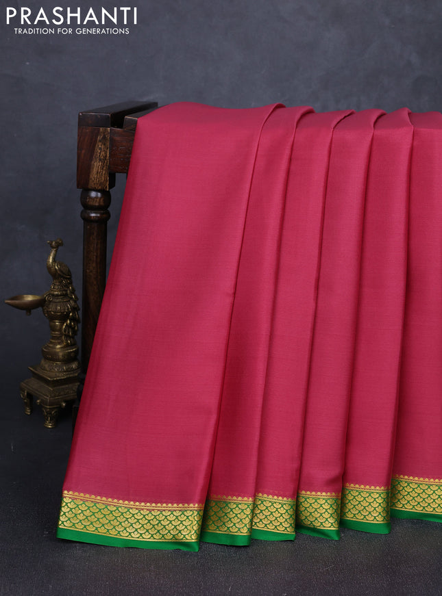 Pure mysore silk saree pink and green with plain body and zari woven border