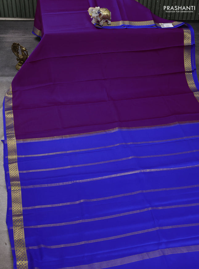 Pure mysore silk saree purple and royal blue with plain body and zari woven border