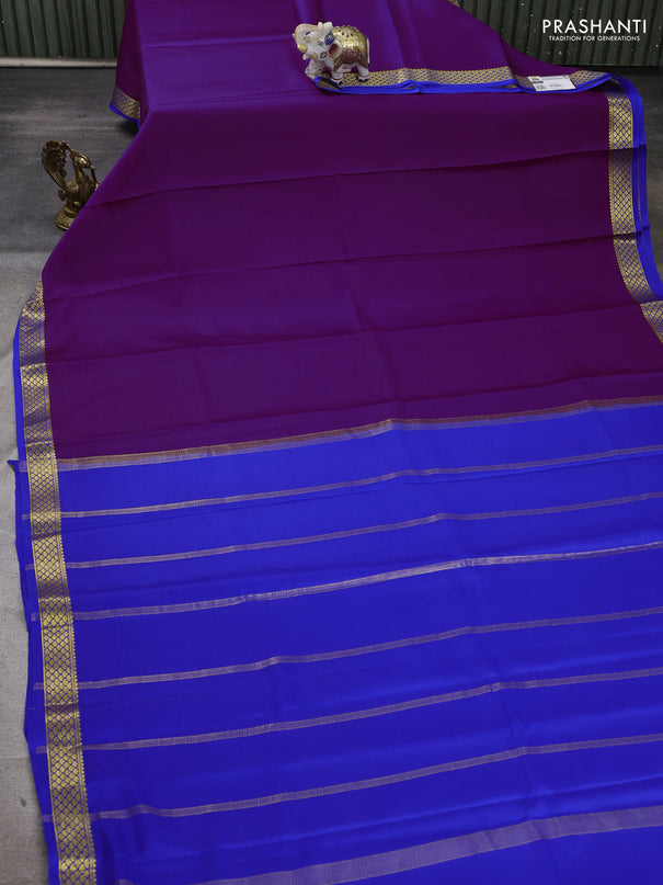 Pure mysore silk saree purple and royal blue with plain body and zari woven border