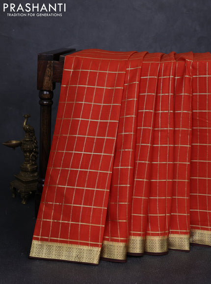 Pure mysore silk saree rust shade and coffee brown with allover checked pattern and zari woven border