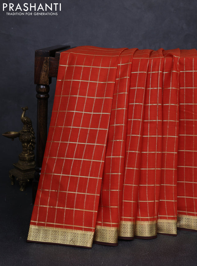Pure mysore silk saree rust shade and coffee brown with allover checked pattern and zari woven border