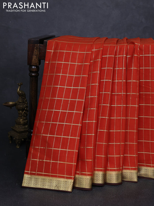 Pure mysore silk saree rust shade and coffee brown with allover checked pattern and zari woven border
