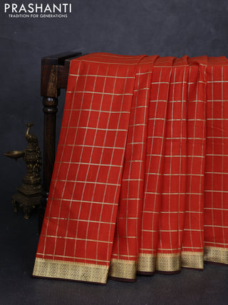 Pure mysore silk saree rust shade and coffee brown with allover checked pattern and zari woven border