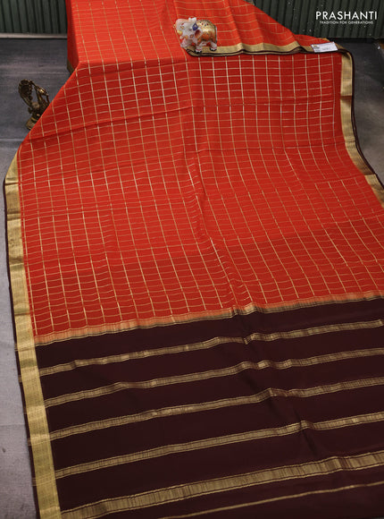Pure mysore silk saree rust shade and coffee brown with allover checked pattern and zari woven border