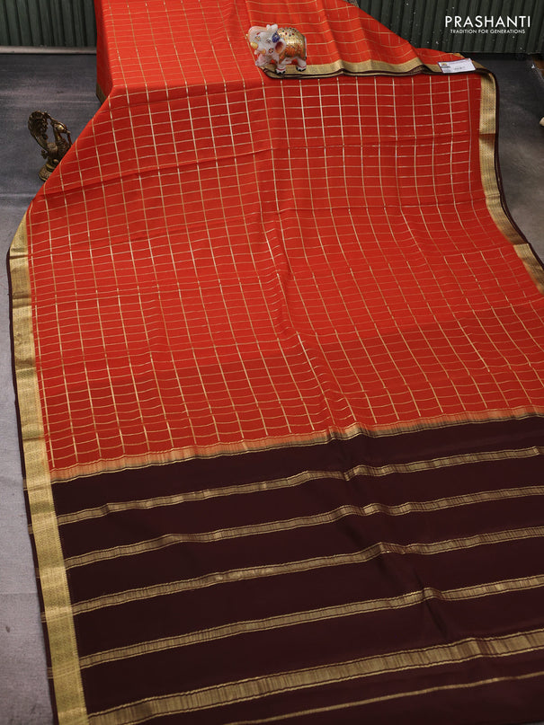 Pure mysore silk saree rust shade and coffee brown with allover checked pattern and zari woven border