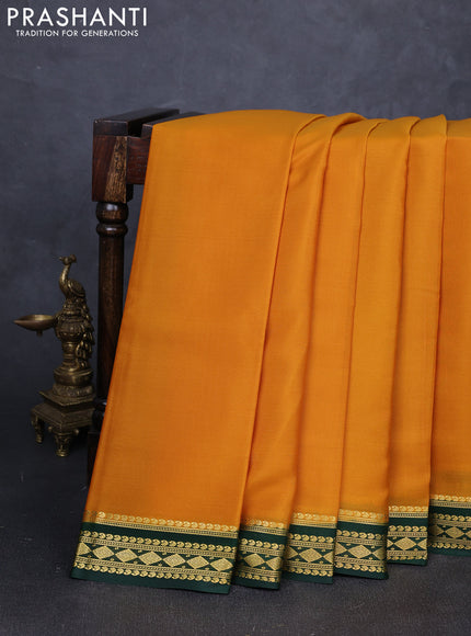 Pure mysore silk saree mustard yellow and green with plain body and zari woven border