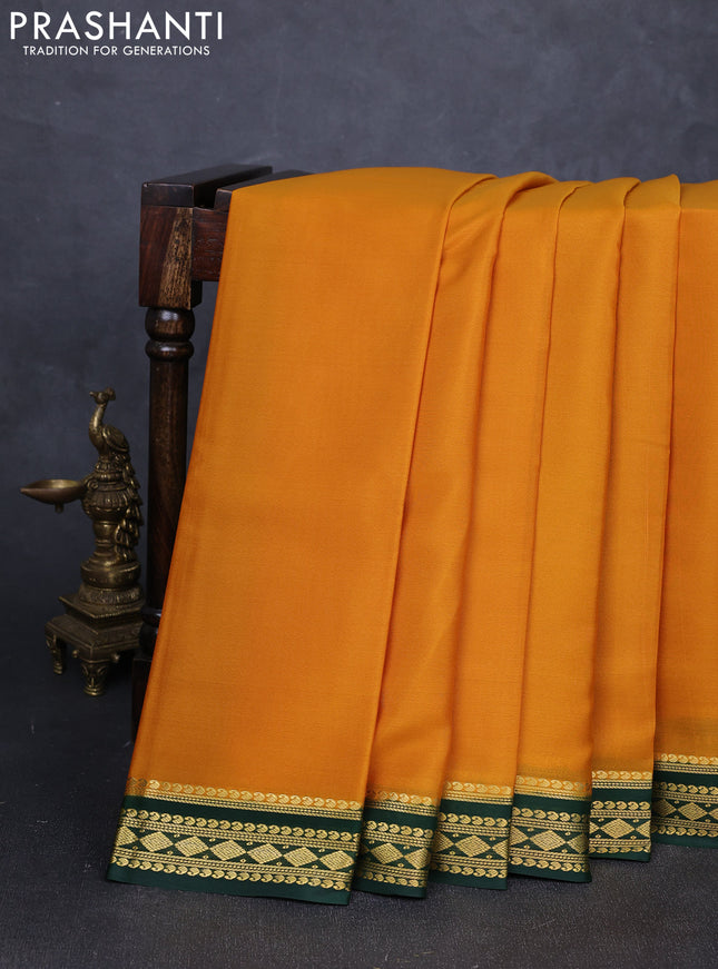Pure mysore silk saree mustard yellow and green with plain body and zari woven border