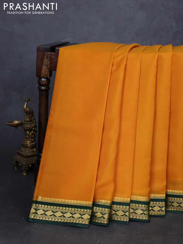 Pure mysore silk saree mustard yellow and green with plain body and zari woven border