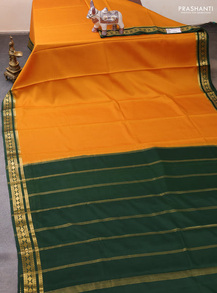 Pure mysore silk saree mustard yellow and green with plain body and zari woven border