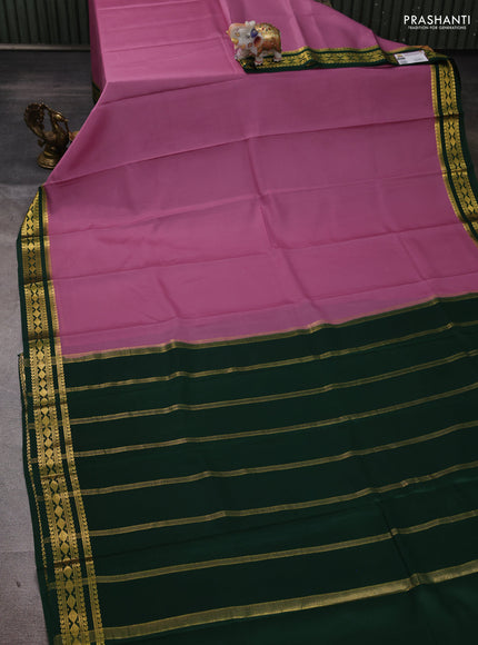 Pure mysore silk saree mauve pink and green with plain body and zari woven border
