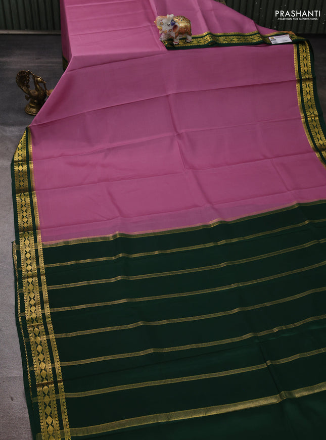 Pure mysore silk saree mauve pink and green with plain body and zari woven border