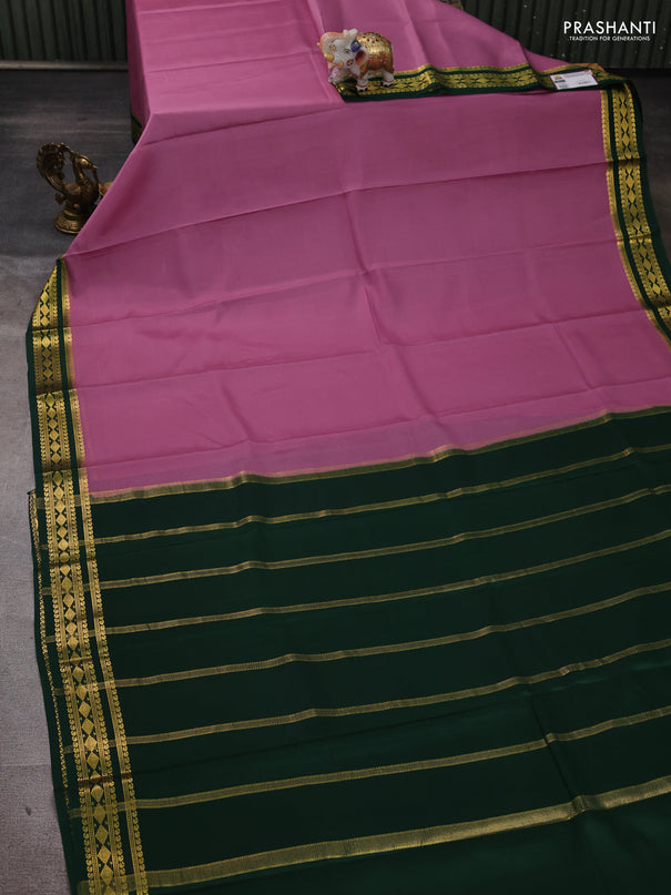 Pure mysore silk saree mauve pink and green with plain body and zari woven border