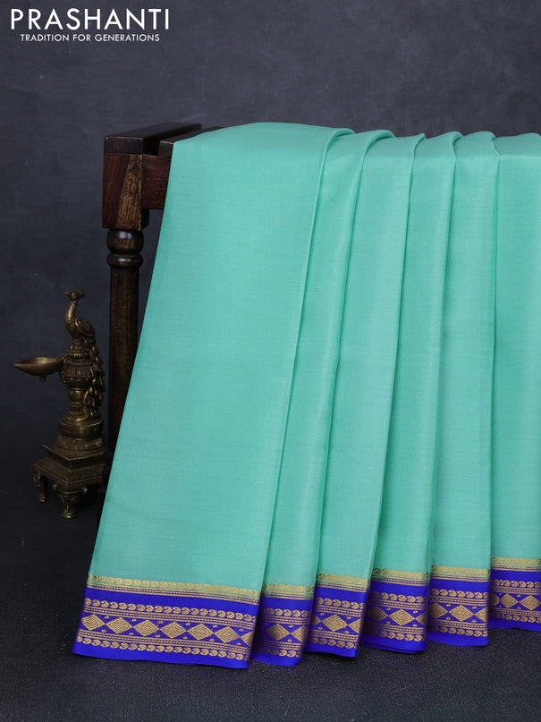 Pure mysore silk saree teal green and royal blue with plain body and zari woven border