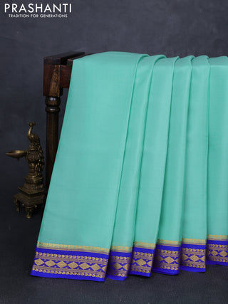 Pure mysore silk saree teal green and royal blue with plain body and zari woven border