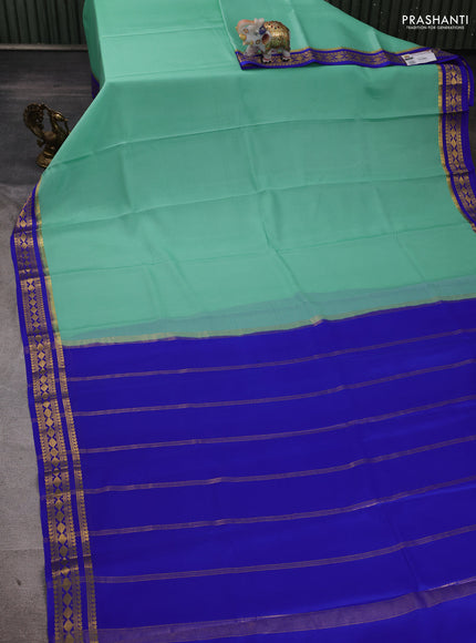 Pure mysore silk saree teal green and royal blue with plain body and zari woven border