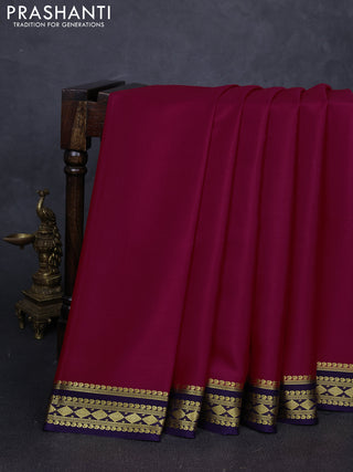 Pure mysore silk saree tomato pink and violet with plain body and zari woven border