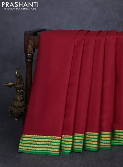 Pure mysore silk saree maroon and green with plain body and zari woven border