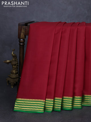 Pure mysore silk saree maroon and green with plain body and zari woven border