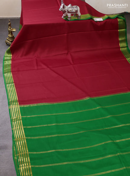 Pure mysore silk saree maroon and green with plain body and zari woven border