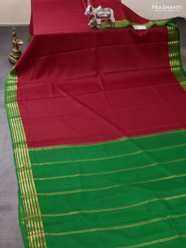 Pure mysore silk saree maroon and green with plain body and zari woven border