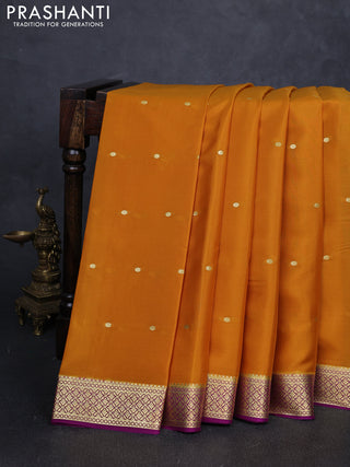 Pure mysore silk saree mustard yellow and pink with allover zari woven buttas and small zari woven border
