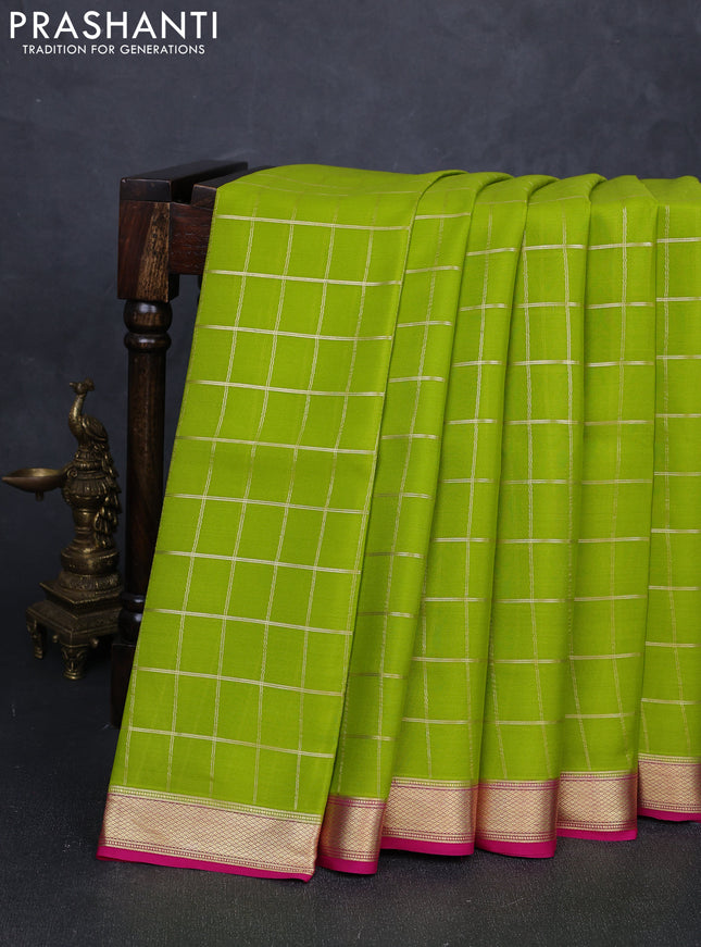 Pure mysore silk saree light green and pink with allover zari checked pattern and small zari woven border