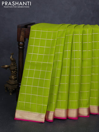 Pure mysore silk saree light green and pink with allover zari checked pattern and small zari woven border