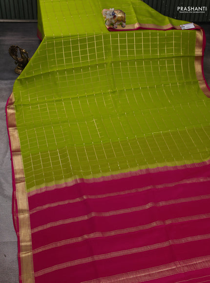 Pure mysore silk saree light green and pink with allover zari checked pattern and small zari woven border