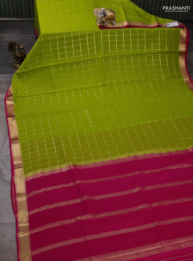 Pure mysore silk saree light green and pink with allover zari checked pattern and small zari woven border