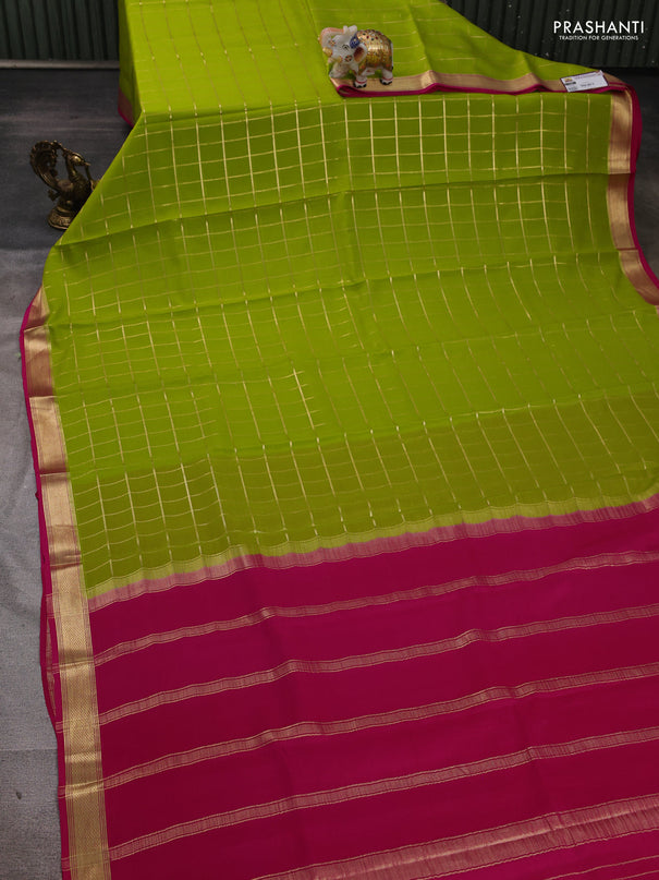 Pure mysore silk saree light green and pink with allover zari checked pattern and small zari woven border