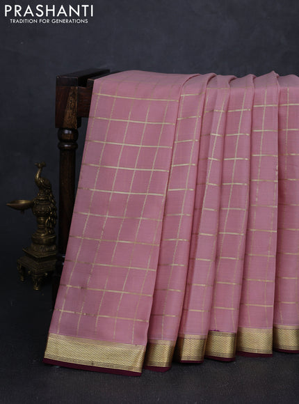 Pure mysore silk saree mauve pink and deep wine shade with allover zari checked pattern and small zari woven border