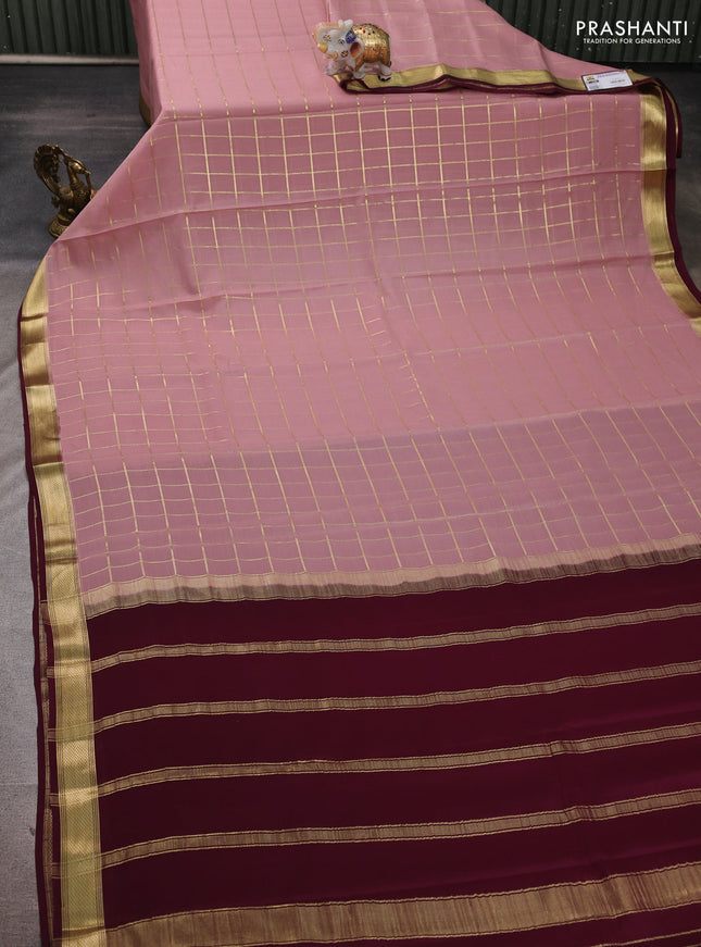 Pure mysore silk saree mauve pink and deep wine shade with allover zari checked pattern and small zari woven border