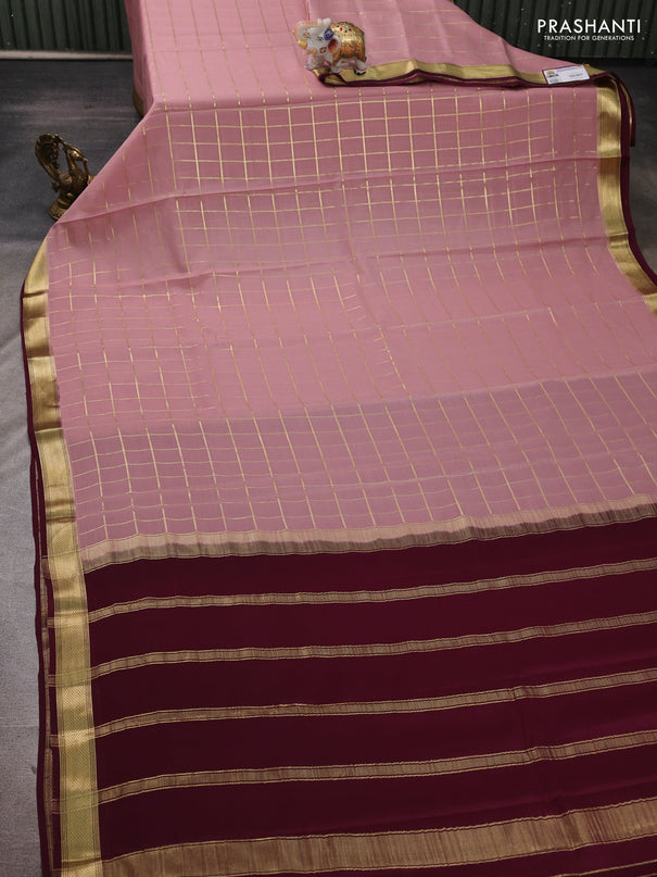 Pure mysore silk saree mauve pink and deep wine shade with allover zari checked pattern and small zari woven border