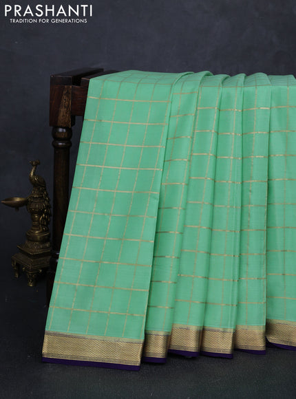 Pure mysore silk saree pista green and violet with allover zari checked pattern and small zari woven border