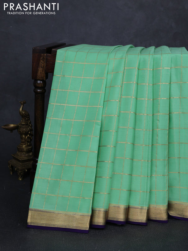 Pure mysore silk saree pista green and violet with allover zari checked pattern and small zari woven border
