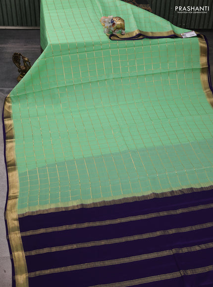 Pure mysore silk saree pista green and violet with allover zari checked pattern and small zari woven border