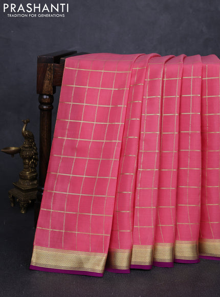 Pure mysore silk saree mauve pink and purple with allover zari checked pattern and small zari woven border