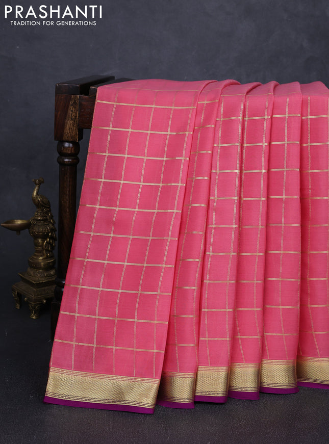 Pure mysore silk saree mauve pink and purple with allover zari checked pattern and small zari woven border