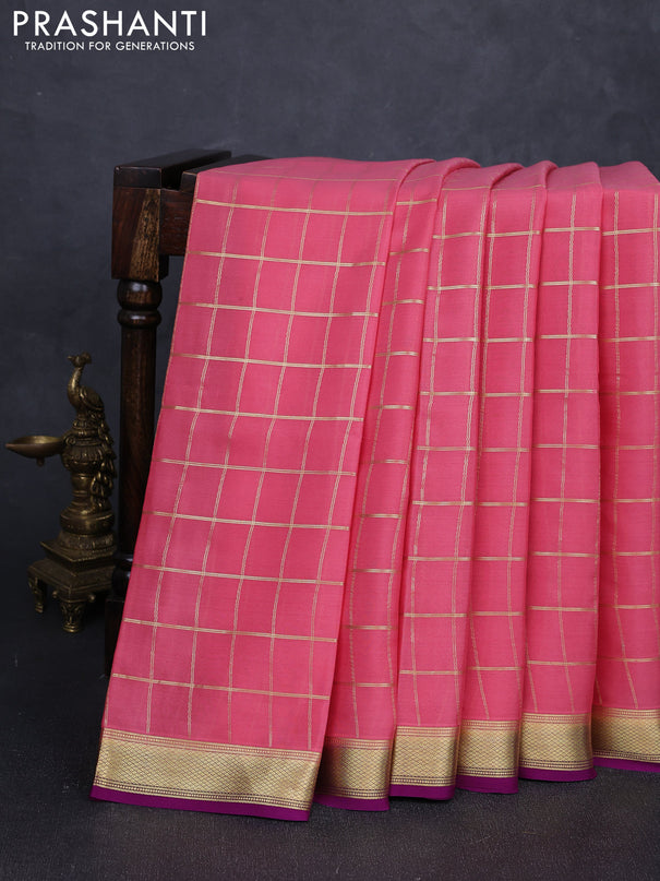 Pure mysore silk saree mauve pink and purple with allover zari checked pattern and small zari woven border