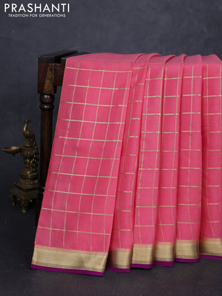 Pure mysore silk saree mauve pink and purple with allover zari checked pattern and small zari woven border