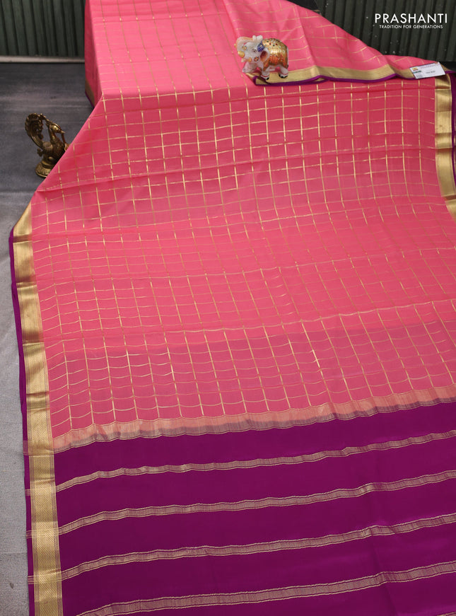 Pure mysore silk saree mauve pink and purple with allover zari checked pattern and small zari woven border