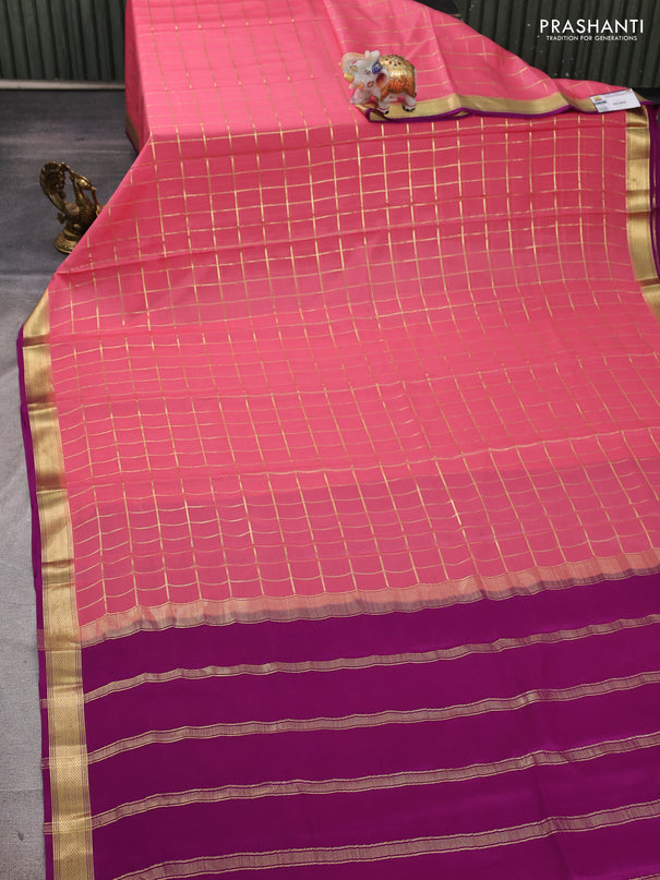 Pure mysore silk saree mauve pink and purple with allover zari checked pattern and small zari woven border