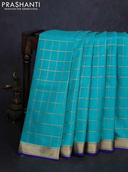 Pure mysore silk saree teal blue and blue with allover zari checked pattern and zari woven border