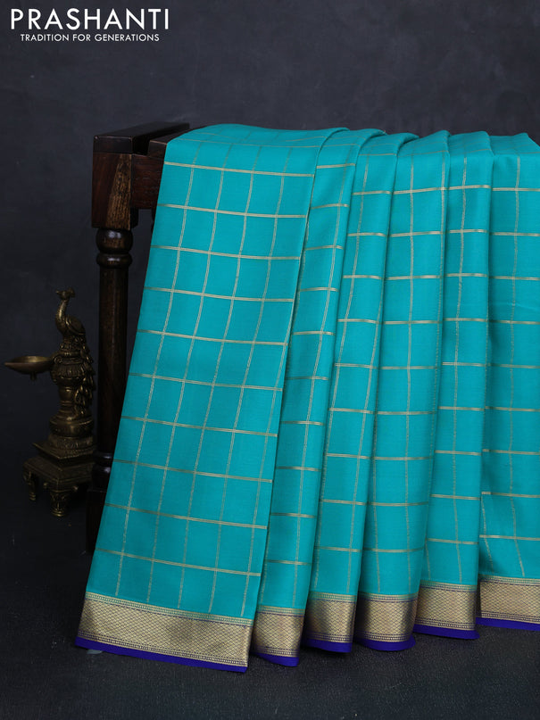 Pure mysore silk saree teal blue and blue with allover zari checked pattern and zari woven border