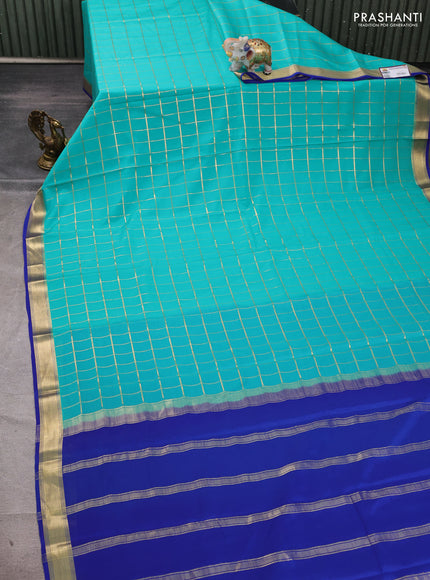 Pure mysore silk saree teal blue and blue with allover zari checked pattern and zari woven border
